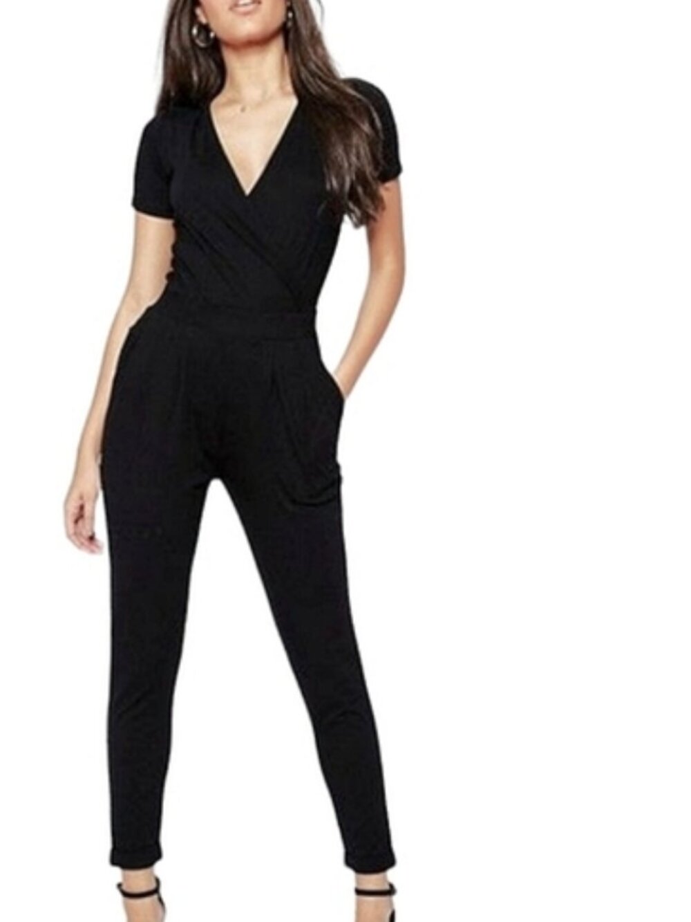 EUC ASOS Wrap Front Jersey Jumpsuit With Short Sleeve - Black / US 10